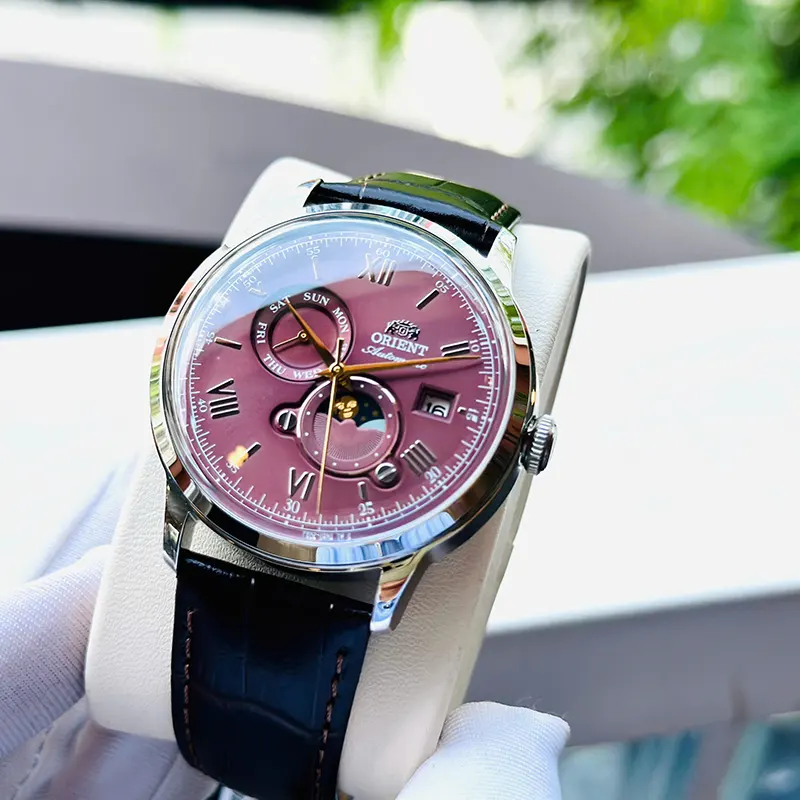 Orient Bambino Sun and Moon Bordeaux Dial Men's Watch- RA-AK0807R